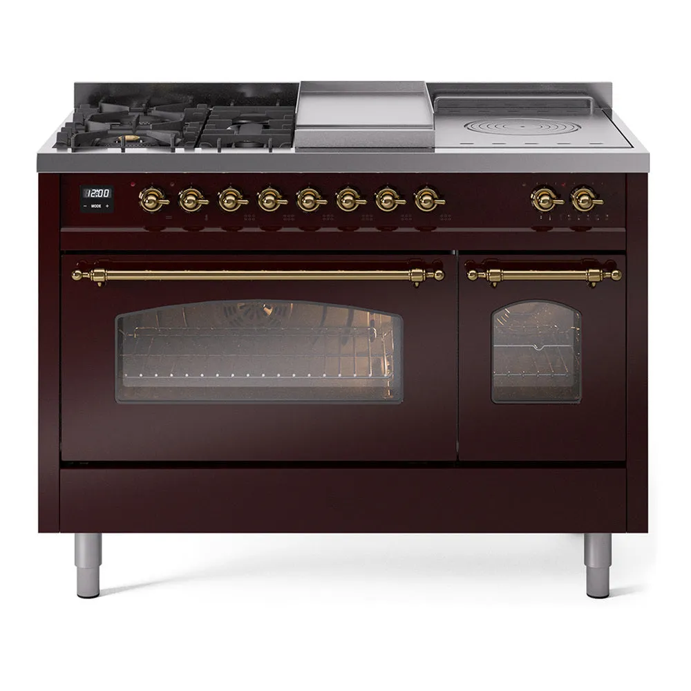 Ilve UP48FSNMPBUG Nostalgie Ii 48 Inch Dual Fuel Natural Gas Freestanding Range In Burgundy With Brass Trim Freestanding Ranges freestanding dual fuel range 30 inch