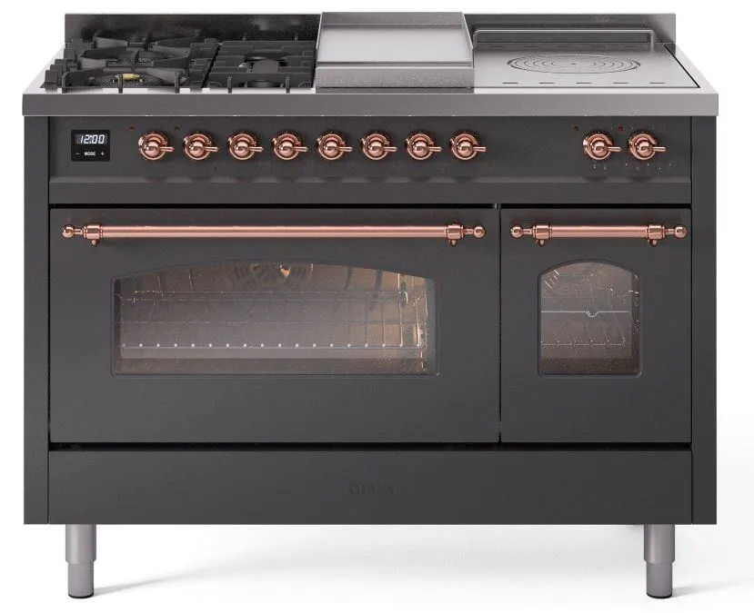 Ilve UP48FSNMPMGP Nostalgie Ii 48 Inch Dual Fuel Natural Gas Freestanding Range In Matte Graphite With Copper Trim Freestanding Ranges freestanding dual fuel range 30 inch