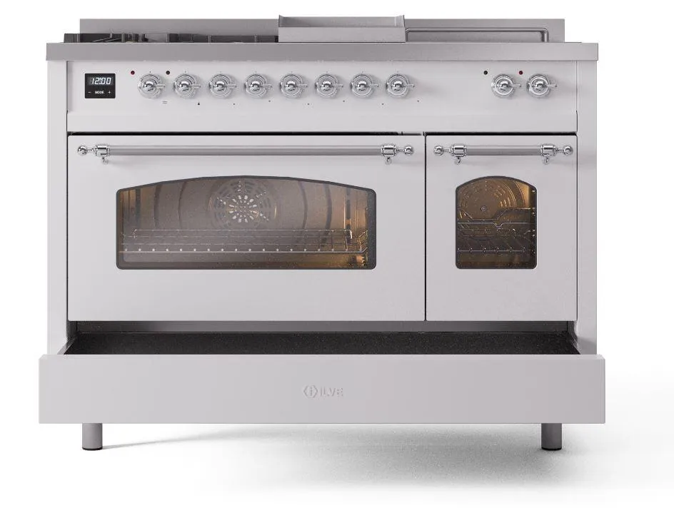 Ilve UP48FSNMPWHC Nostalgie Ii 48 Inch Dual Fuel Natural Gas Freestanding Range In White With Chrome Trim