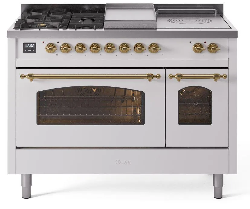 Ilve UP48FSNMPWHG Nostalgie Ii 48 Inch Dual Fuel Natural Gas Freestanding Range In White With Brass Trim Freestanding Ranges freestanding dual fuel range 30 inch