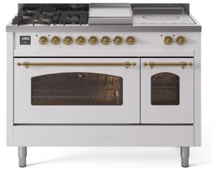 Ilve UP48FSNMPWHG Nostalgie Ii 48 Inch Dual Fuel Natural Gas Freestanding Range In White With Brass Trim Freestanding Ranges freestanding dual fuel range 30 inch