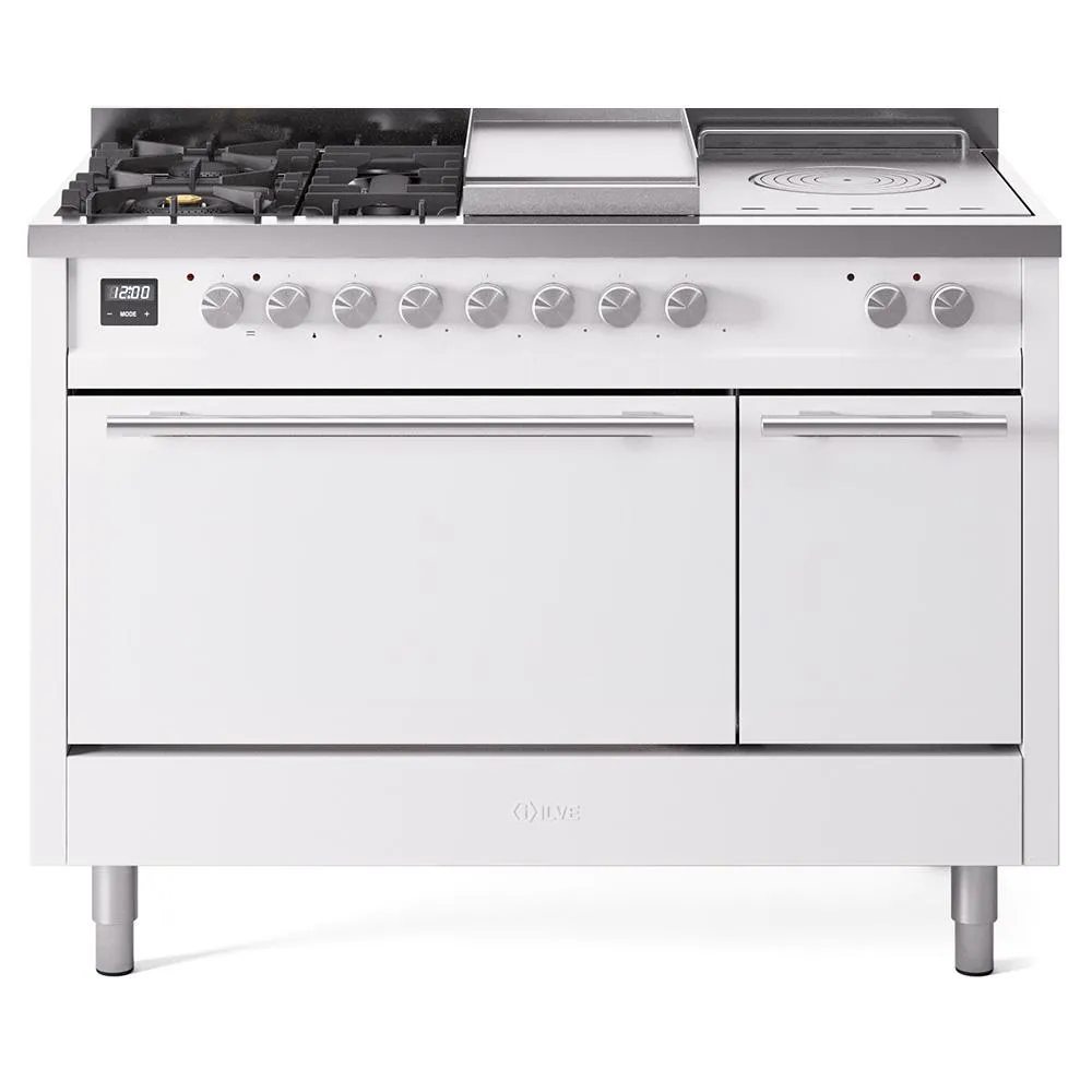Ilve UP48FSQMPWHLP Ilve Professional Plus Ii 48 Up48Fsqmpwh Freestanding Dual Fuel Range With 5 Sealed Burners And French Top Double Oven With Solid Door In White With Stainless Steel Knobs Freestanding Ranges freestanding dual fuel range 30 inch