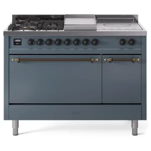 Ilve UP48FSQNMPBGB Ilve Nostalgie Ii 48 Up48Fsqnmpbgb Freestanding Dual Fuel Range With 5 Sealed Burners And French Top Double Oven With Solid Door In Blue Grey With Bronze Knobs Freestanding Ranges freestanding dual fuel range 30 inch