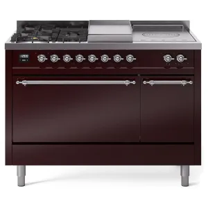 Ilve UP48FSQNMPBUC Ilve Nostalgie Ii 48 Up48Fsqnmpbuc Freestanding Dual Fuel Range With 5 Sealed Burners And French Top Double Oven With Solid Door In Burgundy With Chrome Knobs Freestanding Ranges freestanding dual fuel range 30 inch
