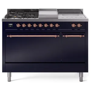 Ilve UP48FSQNMPMBP Ilve Nostalgie Ii 48 Up48Fsqnmpmbp Freestanding Dual Fuel Range With 5 Sealed Burners And French Top Double Oven With Solid Door In Midnight Blue With Copper Knobs Freestanding Ranges freestanding dual fuel range 30 inch