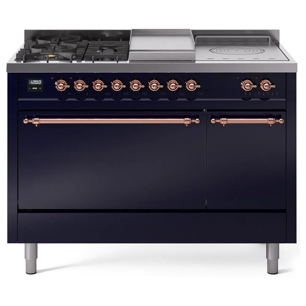 Ilve UP48FSQNMPMBP Ilve Nostalgie Ii 48 Up48Fsqnmpmbp Freestanding Dual Fuel Range With 5 Sealed Burners And French Top Double Oven With Solid Door In Midnight Blue With Copper Knobs Freestanding Ranges freestanding dual fuel range 30 inch