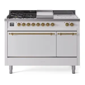 Ilve UP48FSQNMPWHG Nostalgie Ii 48 Inch Dual Fuel Natural Gas Freestanding Range In White With Brass Trim Freestanding Ranges freestanding dual fuel range 30 inch