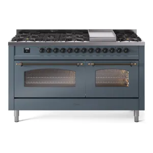 Ilve UP60FNMPBGB Nostalgie Ii 60 Inch Dual Fuel Natural Gas Freestanding Range In Blue Grey With Bronze Trim Freestanding Ranges freestanding dual fuel range 30 inch