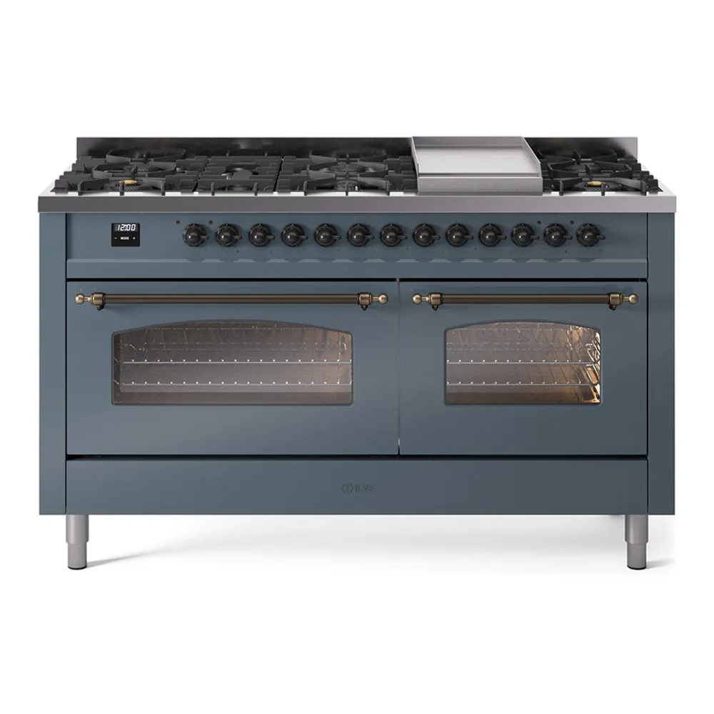 Ilve UP60FNMPBGB Nostalgie Ii 60 Inch Dual Fuel Natural Gas Freestanding Range In Blue Grey With Bronze Trim Freestanding Ranges freestanding dual fuel range 30 inch