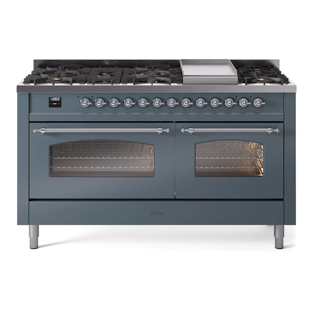 Ilve UP60FNMPBGCLP Nostalgie Ii 60 Inch Dual Fuel Liquid Propane Freestanding Range In Blue Grey With Chrome Trim Freestanding Ranges freestanding dual fuel range 30 inch
