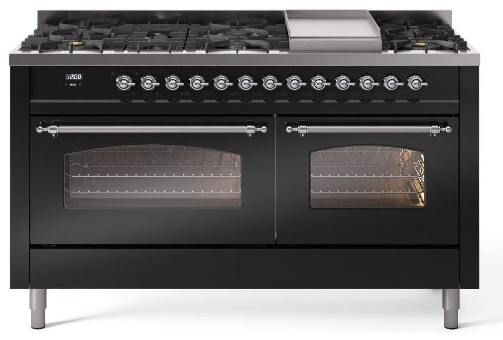 Ilve UP60FNMPBKCLP Nostalgie Ii 60 Inch Dual Fuel Liquid Propane Freestanding Range In Glossy Black With Chrome Trim Freestanding Ranges freestanding dual fuel range 30 inch