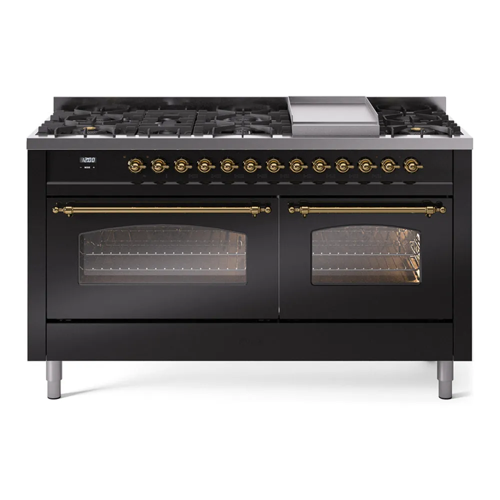 Ilve UP60FNMPBKG Nostalgie Ii 60 Inch Dual Fuel Natural Gas Freestanding Range In Glossy Black With Brass Trim Freestanding Ranges freestanding dual fuel range 30 inch