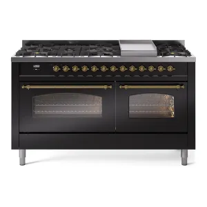 Ilve UP60FNMPBKG Nostalgie Ii 60 Inch Dual Fuel Natural Gas Freestanding Range In Glossy Black With Brass Trim Freestanding Ranges freestanding dual fuel range 30 inch