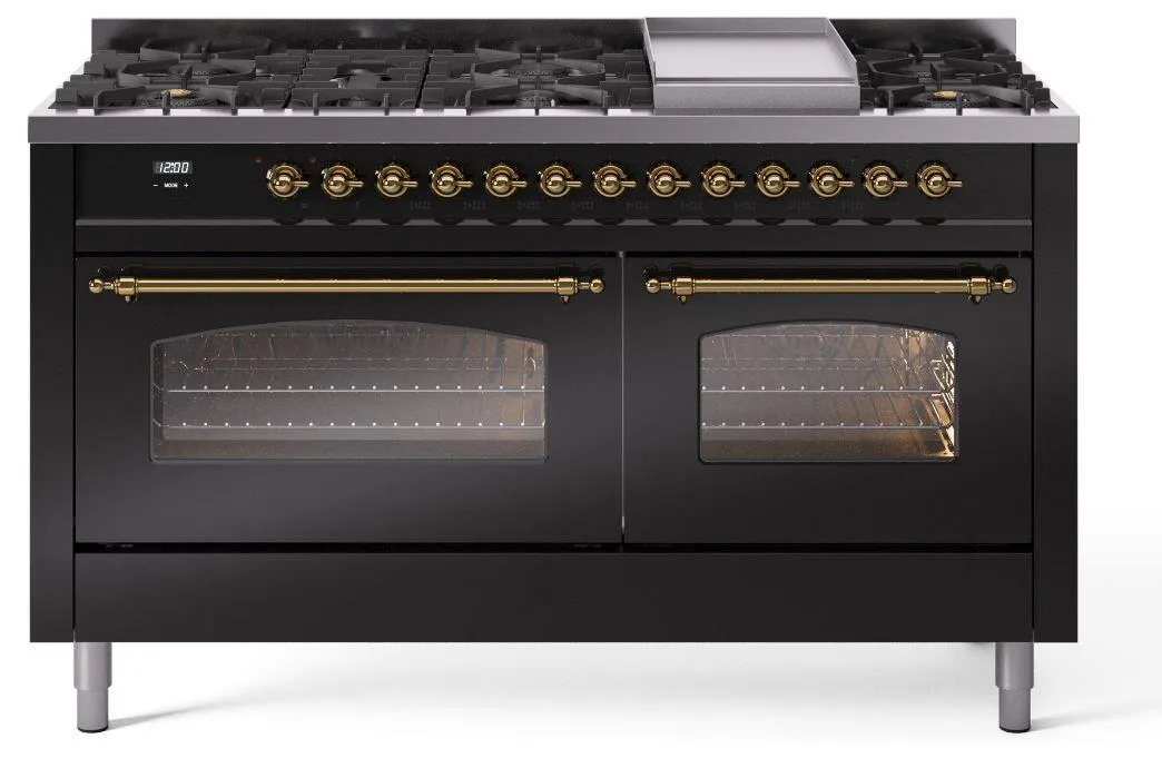 Ilve UP60FNMPBKGLP Nostalgie Ii 60 Inch Dual Fuel Liquid Propane Freestanding Range In Glossy Black With Brass Trim Freestanding Ranges freestanding dual fuel range 30 inch
