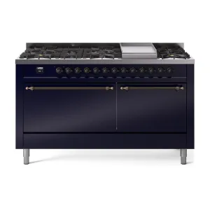 Ilve UP60FQNMPMBBLP Ilve Nostalgie Ii 60 Up60Fqnmpmbb Freestanding Dual Fuel Range With 9 Sealed Burners Double Oven With Solid Door In Midnight Blue With Bronze Knobs Freestanding Ranges freestanding dual fuel range 30 inch