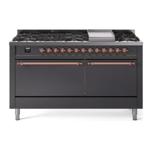 Ilve UP60FQNMPMGPLP Nostalgie Ii 60 Inch Dual Fuel Liquid Propane Freestanding Range In Matte Graphite With Copper Trim Freestanding Ranges freestanding dual fuel range 30 inch