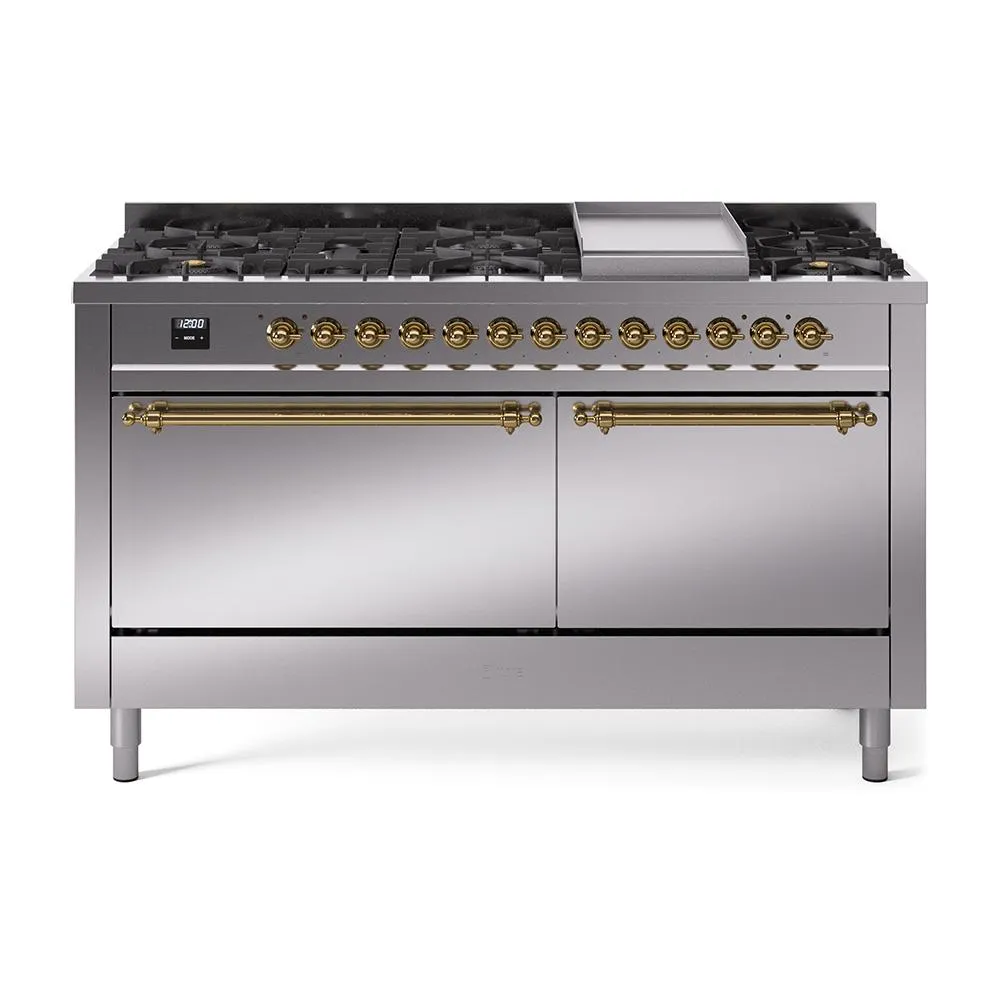 Ilve UP60FQNMPSSGLP Ilve Nostalgie Ii 60 Up60Fqnmpssg Freestanding Dual Fuel Range With 9 Sealed Burners Double Oven With Solid Door In Stainless Steel With Brass Knobs Freestanding Ranges freestanding dual fuel range 30 inch