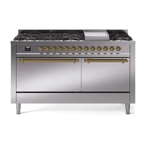 Ilve UP60FQNMPSSGLP Ilve Nostalgie Ii 60 Up60Fqnmpssg Freestanding Dual Fuel Range With 9 Sealed Burners Double Oven With Solid Door In Stainless Steel With Brass Knobs Freestanding Ranges freestanding dual fuel range 30 inch