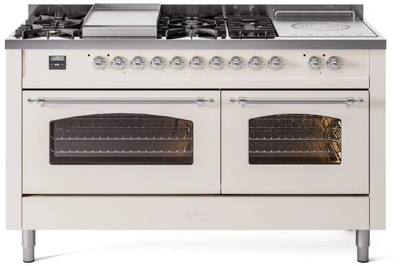 Ilve UP60FSNMPAWCLP Nostalgie Ii 60 Inch Dual Fuel Liquid Propane Freestanding Range In Antique White With Chrome Trim Freestanding Ranges freestanding dual fuel range 30 inch