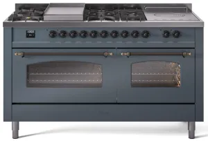 Ilve UP60FSNMPBGB Nostalgie Ii 60 Inch Dual Fuel Natural Gas Freestanding Range In Blue Grey With Bronze Trim Freestanding Ranges freestanding dual fuel range 30 inch