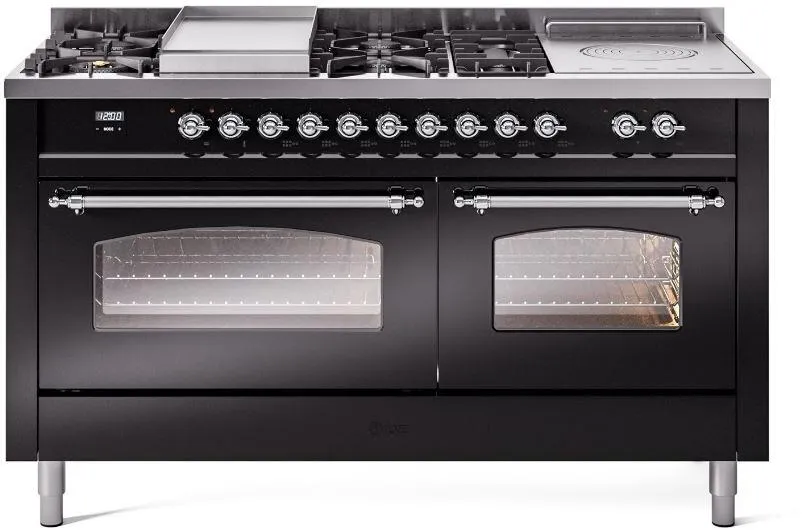 Ilve UP60FSNMPBKC Nostalgie Ii 60 Inch Dual Fuel Natural Gas Freestanding Range In Glossy Black With Chrome Trim Freestanding Ranges freestanding dual fuel range 30 inch