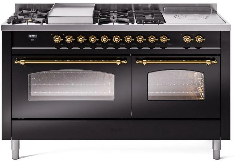 Ilve UP60FSNMPBKGLP Nostalgie Ii 60 Inch Dual Fuel Liquid Propane Freestanding Range In Glossy Black With Brass Trim Freestanding Ranges freestanding dual fuel range 30 inch