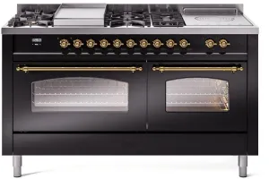 Ilve UP60FSNMPBKGLP Nostalgie Ii 60 Inch Dual Fuel Liquid Propane Freestanding Range In Glossy Black With Brass Trim Freestanding Ranges freestanding dual fuel range 30 inch
