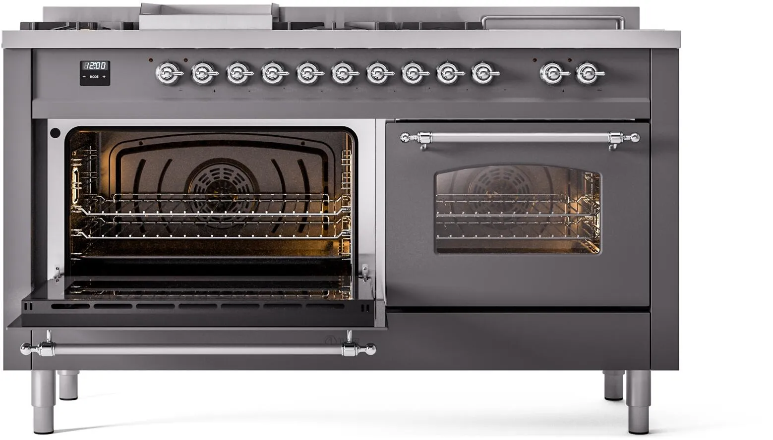 Ilve UP60FSNMPMGC Nostalgie Ii 60 Inch Dual Fuel Natural Gas Freestanding Range In Matte Graphite With Chrome Trim