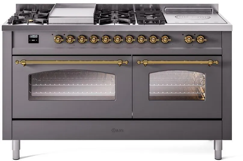 Ilve UP60FSNMPMGG Nostalgie Ii 60 Inch Dual Fuel Natural Gas Freestanding Range In Matte Graphite With Brass Trim Freestanding Ranges freestanding dual fuel range 30 inch