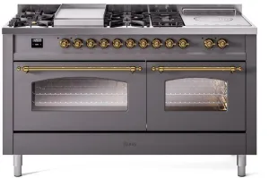 Ilve UP60FSNMPMGG Nostalgie Ii 60 Inch Dual Fuel Natural Gas Freestanding Range In Matte Graphite With Brass Trim Freestanding Ranges freestanding dual fuel range 30 inch