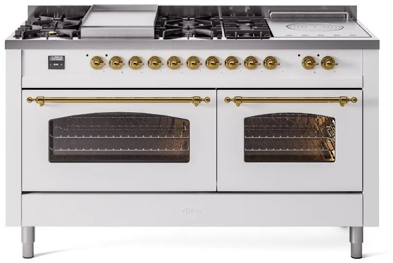 Ilve UP60FSNMPWHG Nostalgie Ii 60 Inch Dual Fuel Natural Gas Freestanding Range In White With Brass Trim Freestanding Ranges freestanding dual fuel range 30 inch
