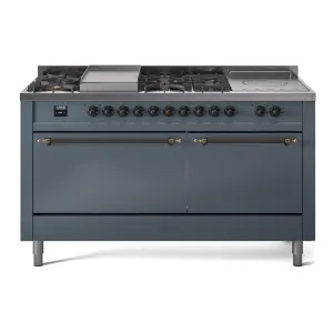 Ilve UP60FSQNMPBGBLP Nostalgie Ii 60 Inch Dual Fuel Liquid Propane Freestanding Range In Blue Grey With Bronze Trim Freestanding Ranges freestanding dual fuel range 30 inch