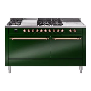 Ilve UP60FSQNMPEGP Nostalgie Ii 60 Inch Dual Fuel Natural Gas Freestanding Range In Emerald Green With Copper Trim Freestanding Ranges freestanding dual fuel range 30 inch