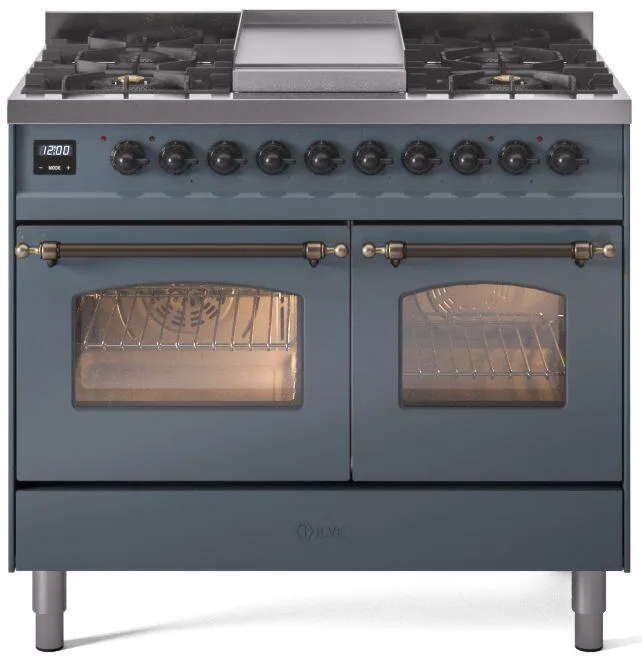 Ilve UPD40FNMPBGBLP Nostalgie Ii 40 Inch Dual Fuel Liquid Propane Freestanding Range In Blue Grey With Bronze Trim Freestanding Ranges freestanding dual fuel range 30 inch