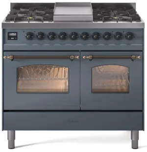 Ilve UPD40FNMPBGBLP Nostalgie Ii 40 Inch Dual Fuel Liquid Propane Freestanding Range In Blue Grey With Bronze Trim Freestanding Ranges freestanding dual fuel range 30 inch