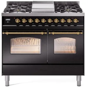 Ilve UPD40FNMPBKG Nostalgie Ii 40 Inch Dual Fuel Natural Gas Freestanding Range In Glossy Black With Brass Trim Freestanding Ranges freestanding dual fuel range 30 inch