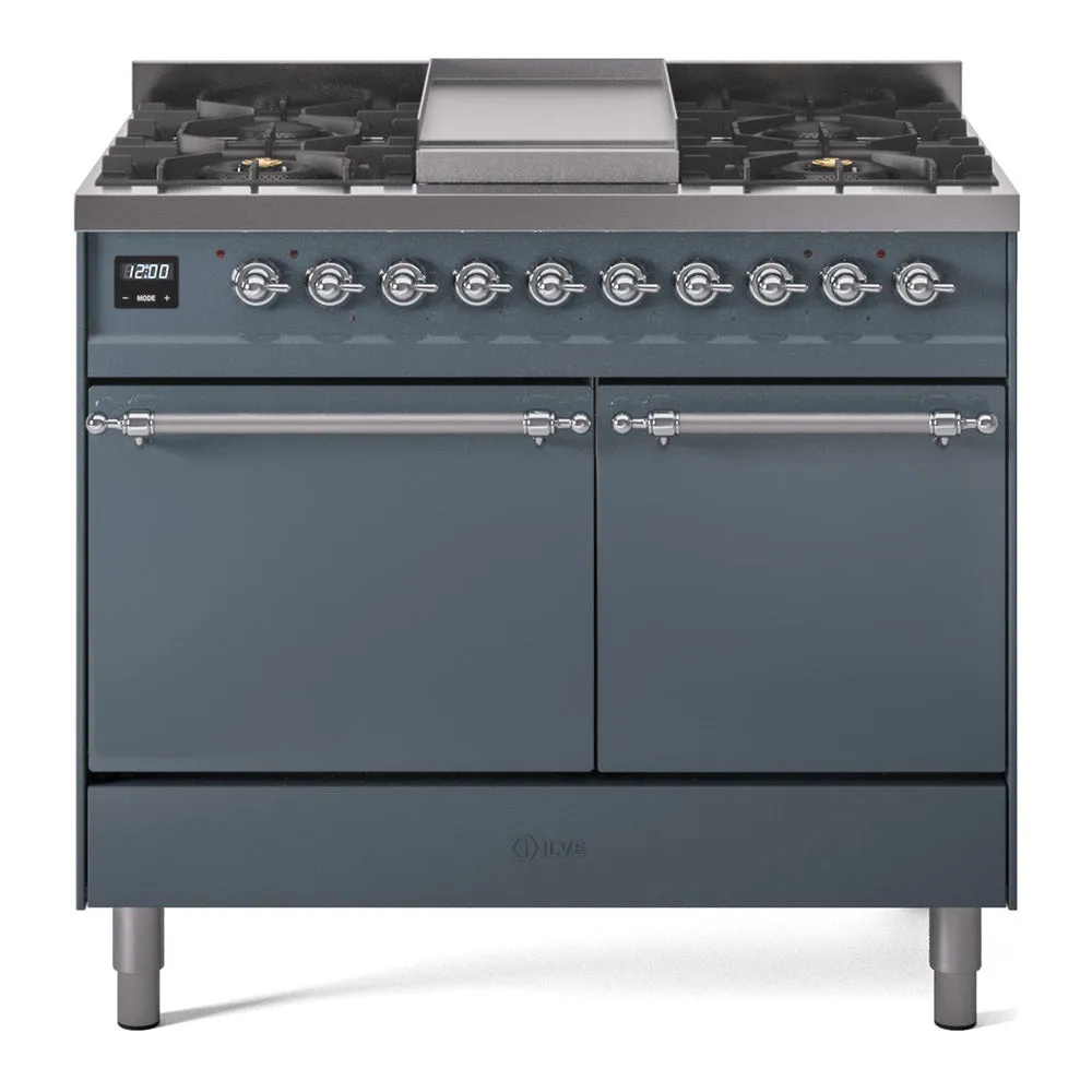 Ilve UPD40FQNMPBGC Nostalgie Ii 40 Inch Dual Fuel Natural Gas Freestanding Range In Blue Grey With Chrome Trim Freestanding Ranges freestanding dual fuel range 30 inch
