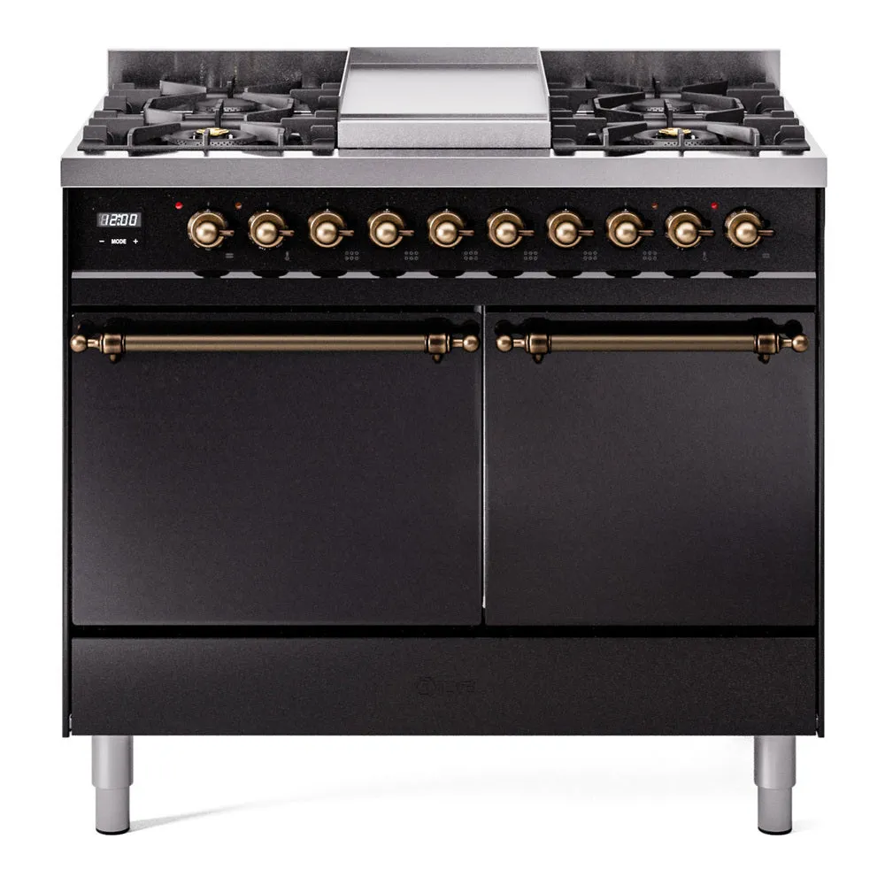Ilve UPD40FQNMPBKB Nostalgie Ii 40 Inch Dual Fuel Natural Gas Freestanding Range In Glossy Black With Bronze Trim Freestanding Ranges freestanding dual fuel range 30 inch