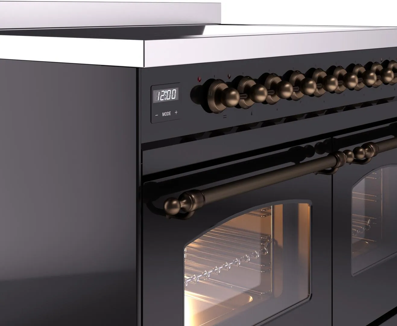 Ilve UPDI406NMPBKB Nostalgie Ii 40 Inch Electric Freestanding Range In Glossy Black With Bronze Trim