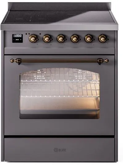 Ilve UPI304NMPMGB Nostalgie Ii 30 Inch Electric Freestanding Range In Matte Graphite With Bronze Trim Freestanding Ranges freestanding dual fuel range 30 inch