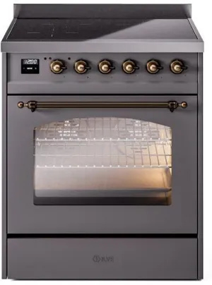 Ilve UPI304NMPMGB Nostalgie Ii 30 Inch Electric Freestanding Range In Matte Graphite With Bronze Trim Freestanding Ranges freestanding dual fuel range 30 inch