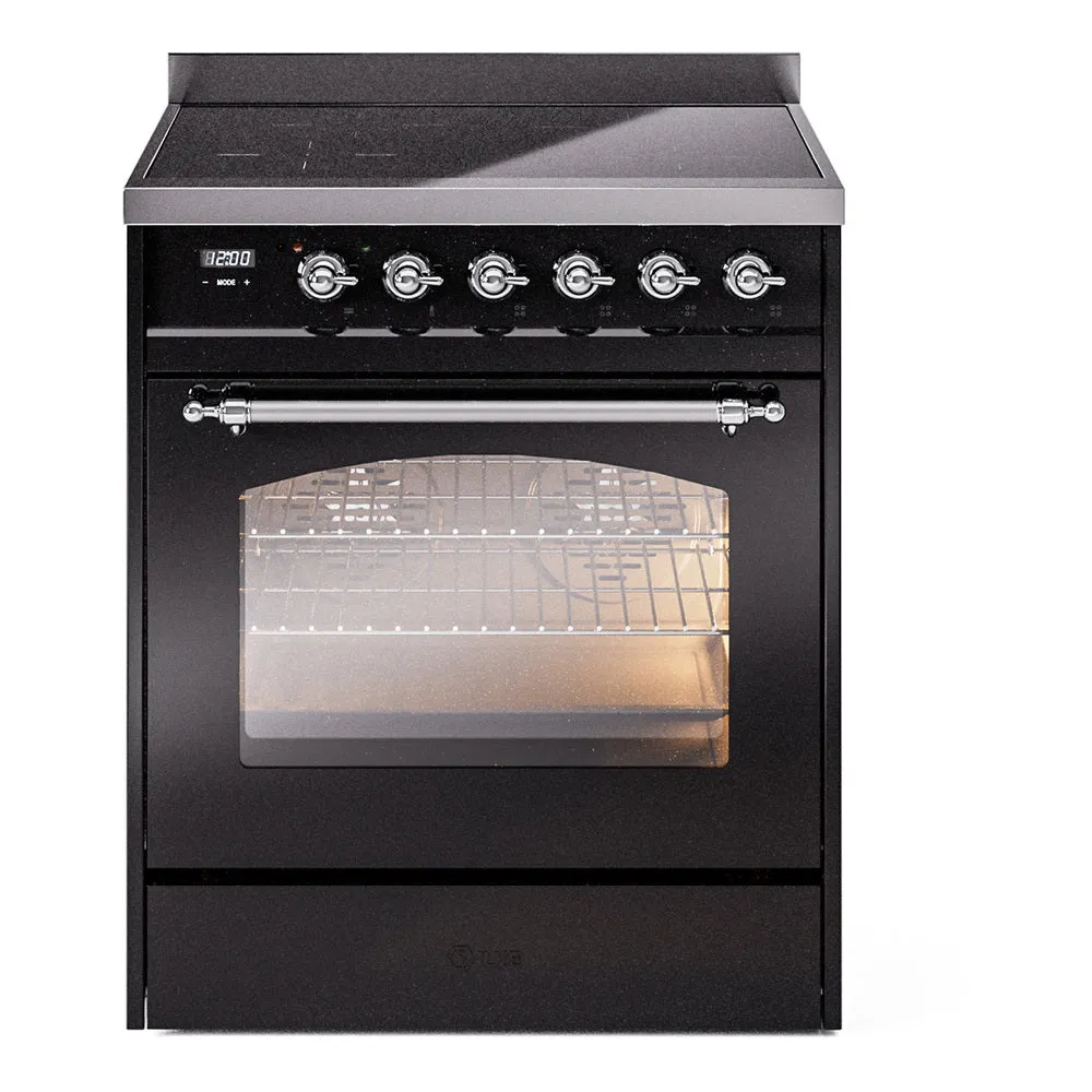 Ilve UPI304QNMPBKC Nostalgie Ii 30 Inch Electric Freestanding Range In Glossy Black With Chrome Trim Freestanding Ranges freestanding dual fuel range 30 inch