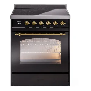 Ilve UPI304QNMPBKG Nostalgie Ii 30 Inch Electric Freestanding Range In Glossy Black With Brass Trim Freestanding Ranges freestanding dual fuel range 30 inch