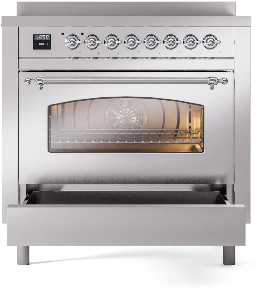 Ilve UPI366NMPSSC Nostalgie Ii 36 Inch Electric Freestanding Range In Stainless Steel With Chrome Trim
