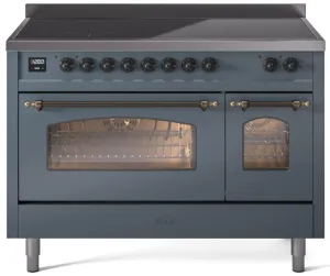 Ilve UPI486NMPBGB Nostalgie Ii 48 Inch Electric Freestanding Range In Blue Grey With Bronze Trim Freestanding Ranges freestanding dual fuel range 30 inch