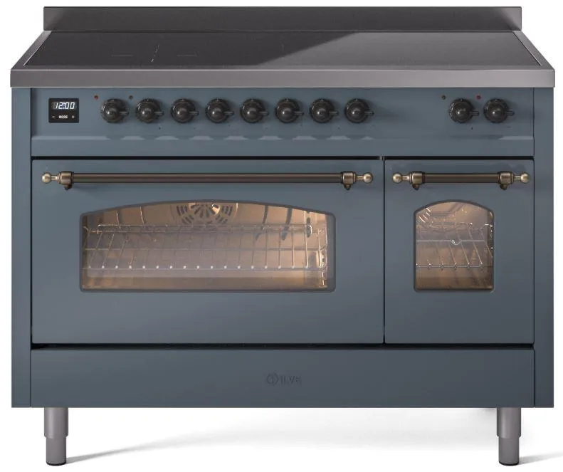 Ilve UPI486NMPBGB Nostalgie Ii 48 Inch Electric Freestanding Range In Blue Grey With Bronze Trim Freestanding Ranges freestanding dual fuel range 30 inch