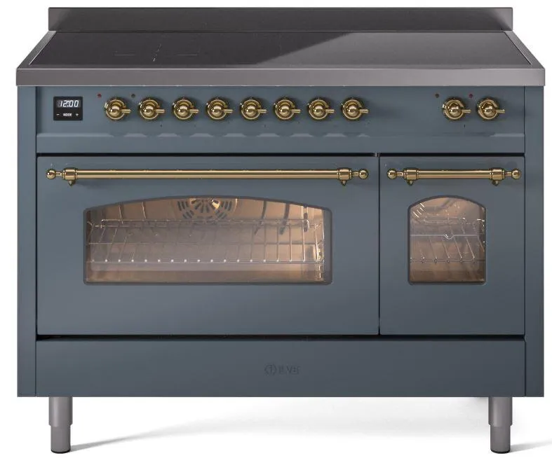Ilve UPI486NMPBGG Nostalgie Ii 48 Inch Electric Freestanding Range In Blue Grey With Brass Trim Freestanding Ranges freestanding dual fuel range 30 inch