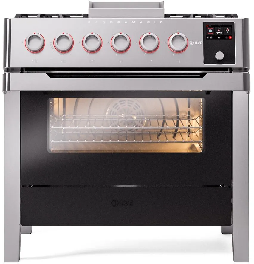 Ilve UPM09FDS3SSLP Panoramagic 36 Inch Dual Fuel Liquid Propane Freestanding Range In Stainless Steel With Trim