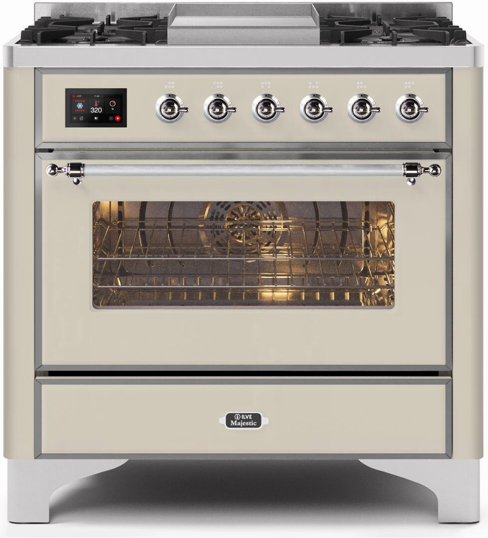Ilve UM09FDNS3AWCLP Majestic Ii 36 Inch Dual Fuel Liquid Propane Freestanding Range In Antique White With Chrome Trim Freestanding Ranges freestanding dual fuel range 30 inch
