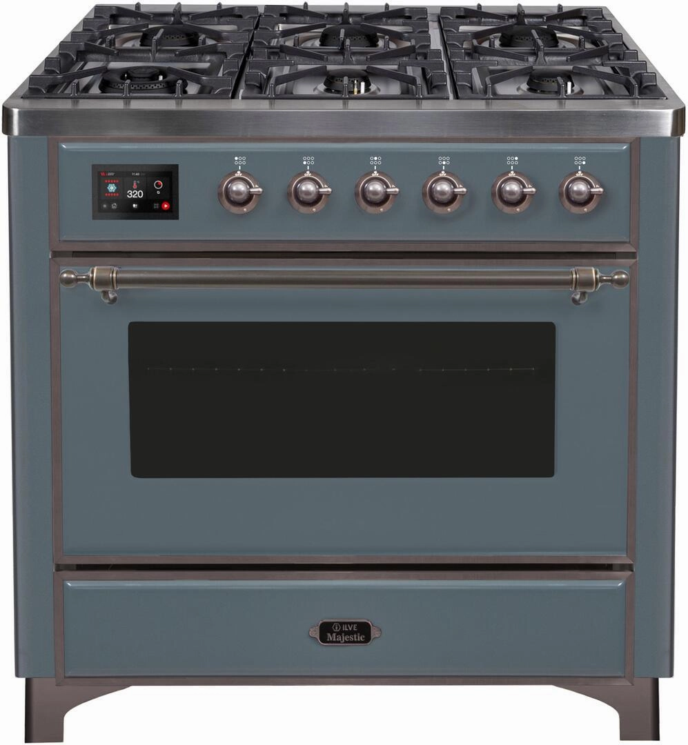 Ilve UM09FDNS3BGB Majestic Ii 36 Inch Dual Fuel Natural Gas Freestanding Range In Blue Grey With Bronze Trim Freestanding Ranges freestanding dual fuel range 30 inch